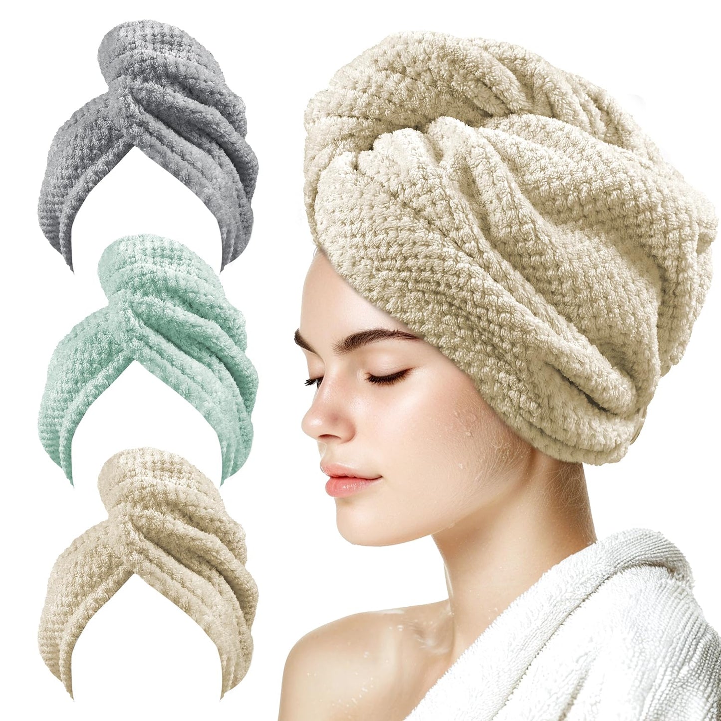 3 Pack Microfiber Hair Towel Wrap for Women 25.4" x 9.8", Super Absorbent Quick Dry Towels with Button for Curly Wet Hair Anti Frizz (Camel,Green,Gray)