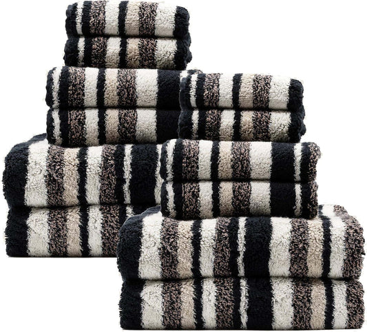 Italic Ultraplush 12-Piece Family Towel Set – Luxury Bath Towels, Hand Towels & Washcloths – Plush, Quick Dry, 800GSM 100% Australian Cotton for Bathroom & Spa - White & Blue (Stripe Multi-Color)