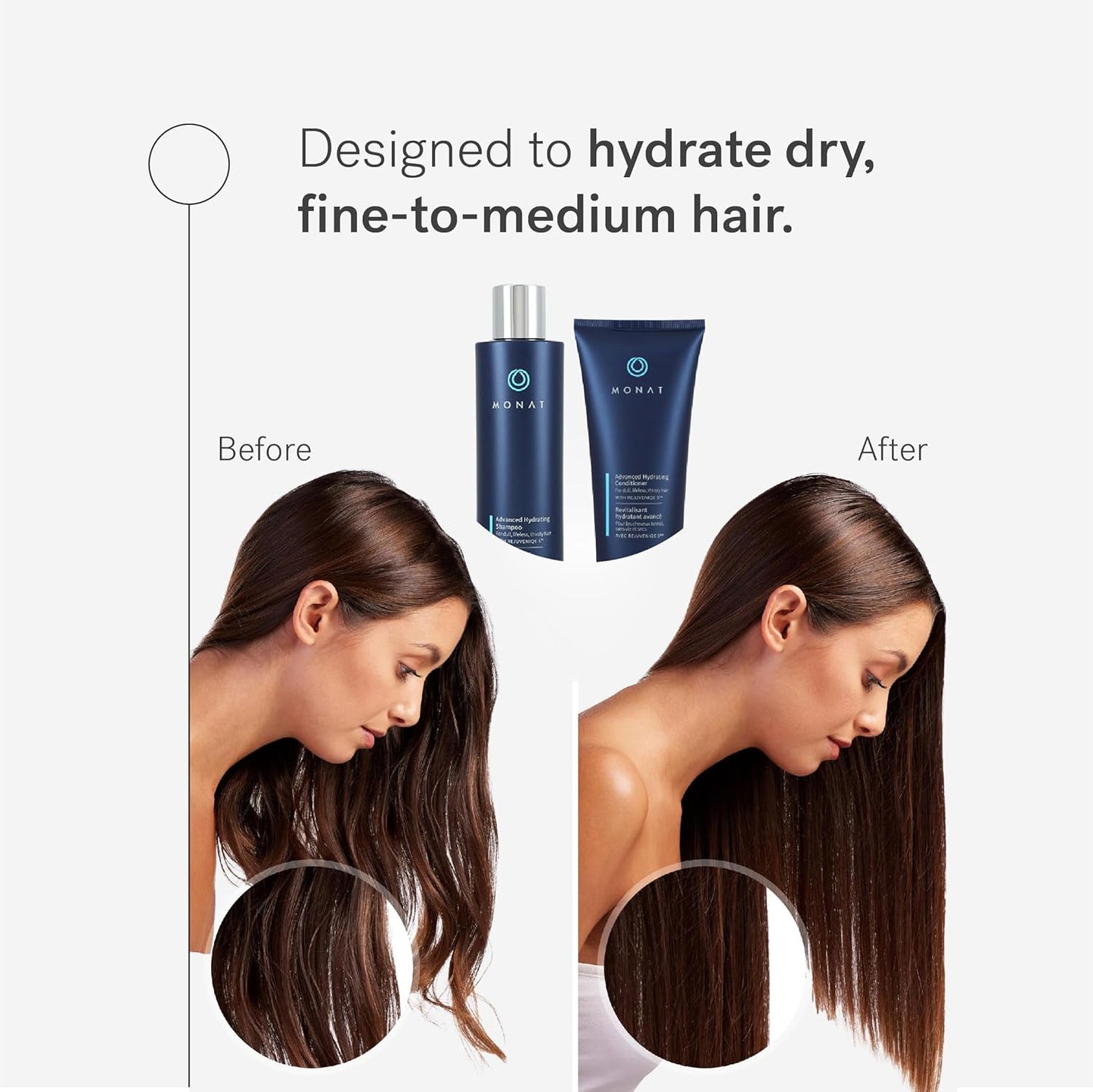 MONAT Advanced Hydration Shampoo and Conditioner Set Infused with REJUVENIQE For Dry Fine to Medium Hair - Moisturizes & Strengths - Sulfate-Free, Paraben-Free, Frizz-Reducing - 8 fl. oz. & 6 fl. oz.