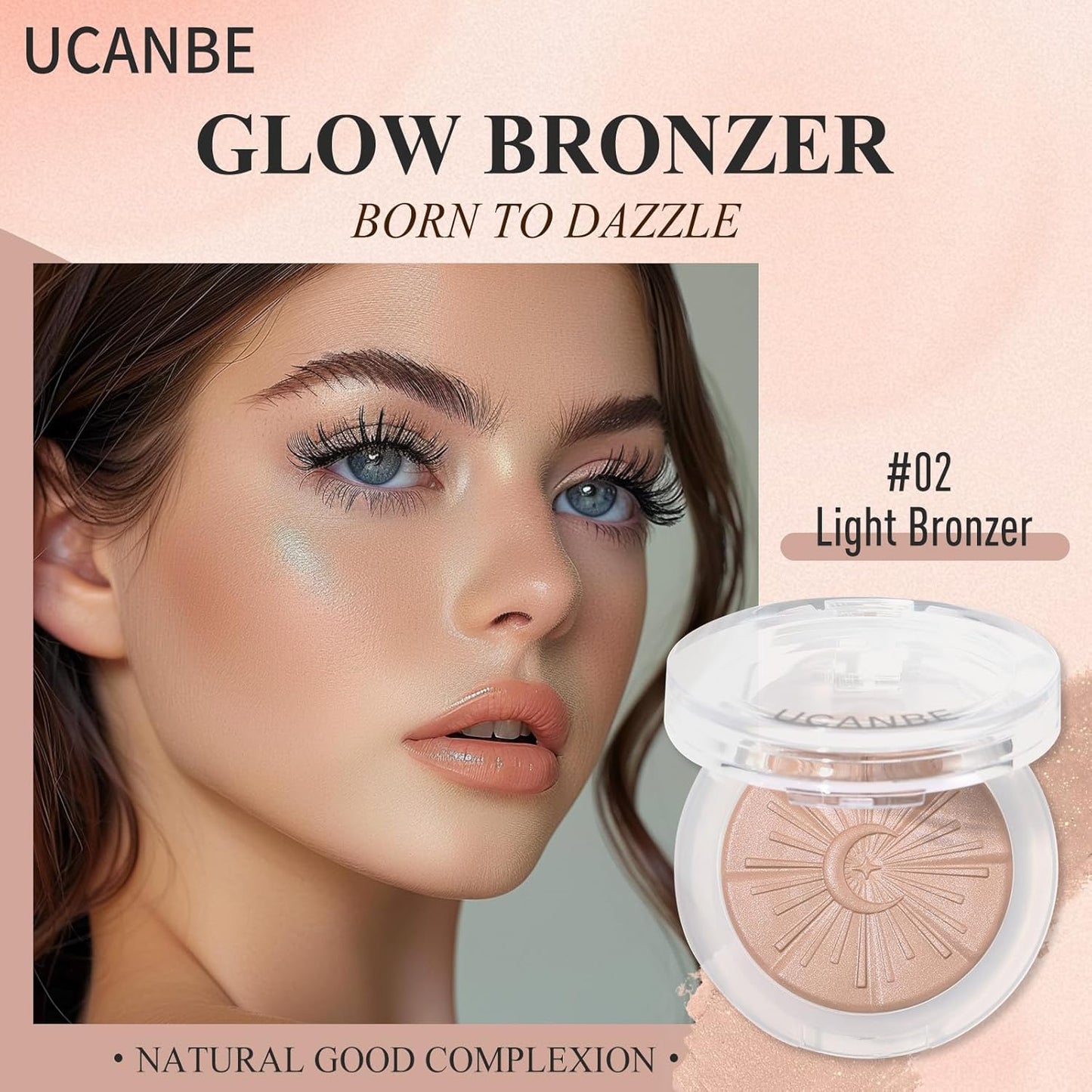 UCANBE Glow Bronzer, Long-Lasting Baked Shimmer Bronzing Powder - 02 Light Bronzer, Lightweight & Buildable Neutrual Satin Finish, Luminous Contour for Face, Cheeks, and Body