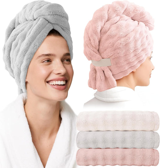 Microfiber Hair Towel Wrap for Women - 3 Pack Super Absorbent Quick Dry Hair Turban for Curly/Straight/Long/Short Hair (32"x11")