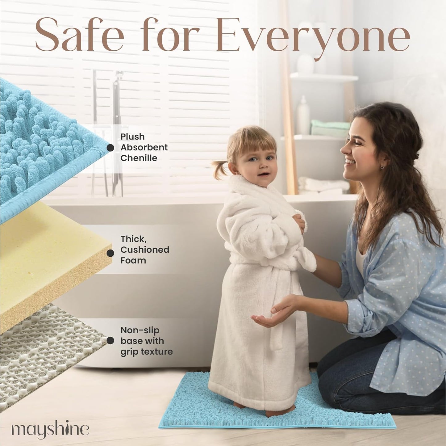 MAYSHINE Plush Shaggy Chenille Bath Mat | Extra Soft, Super Absorbent, Non-Slip Bathroom Rug | Fluffy Microfiber, Area Rug Sets for Bathroom Floor, Kitchen, Living Room | 59"x31" | Spa Blue