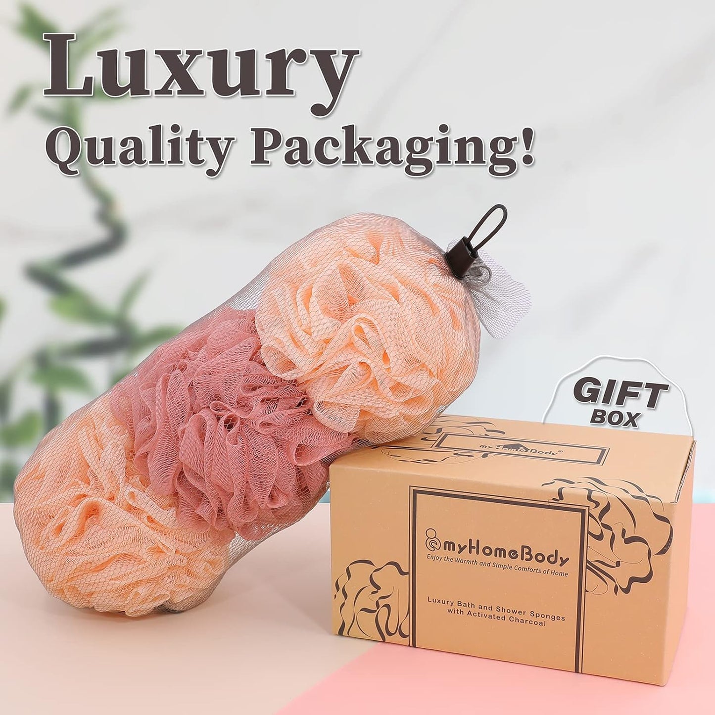 myHomeBody Large 70g Loofah Sponge, Body Scrubber, Bath Sponge, Loofah for Women, Men, Exfoliating Sponge Shower Pouf with Activated Charcoal - 2 Peach + 1 Coral Red, 3 Pack