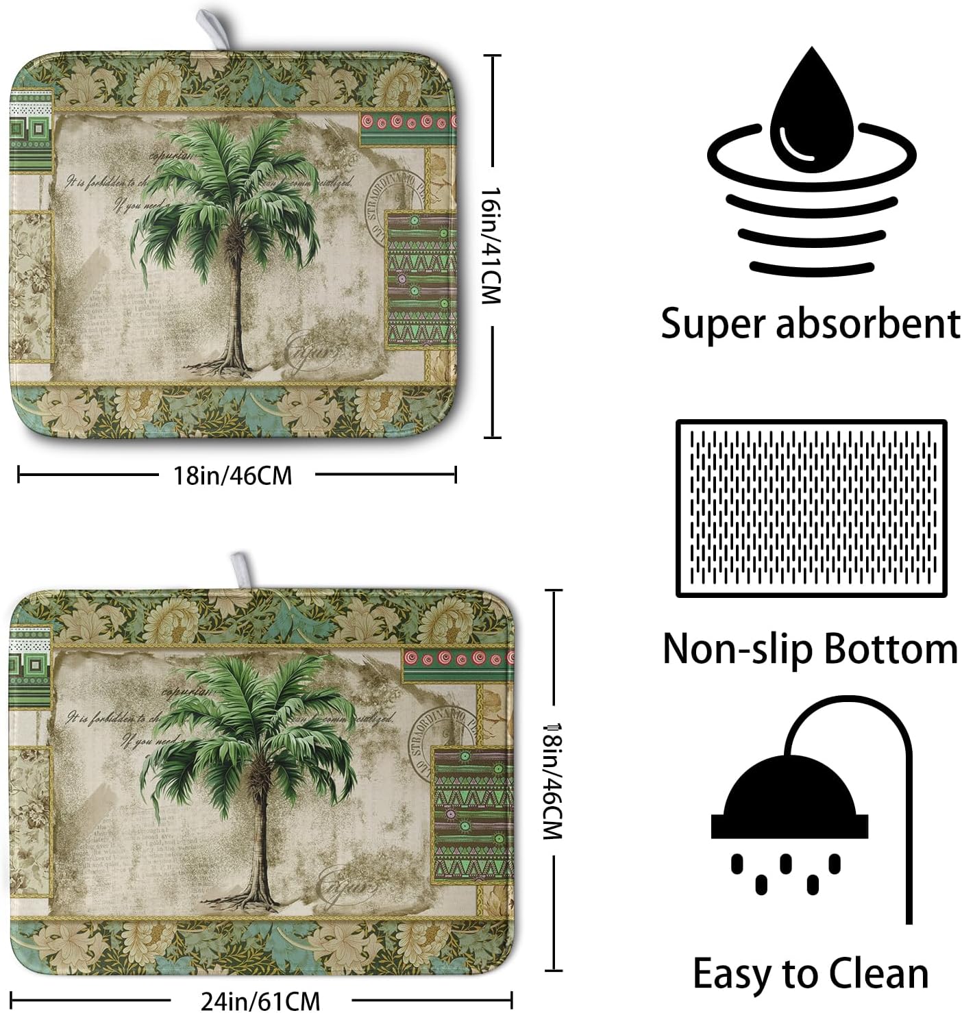 Palm Tree Kitchen Dish Drying Mat for Dishes 16x18 Inch Summer Vintage Tropical Leaves Green Jungle Plant Drying Mat Botanical Dish Drainer Mat Super Absorbent Dish Rack Pad for Coffee Bar Sinks