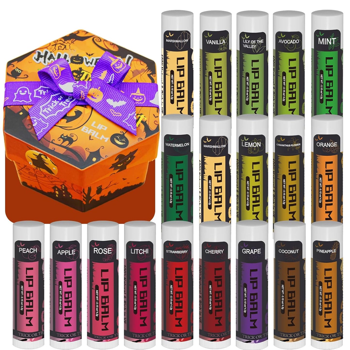 Yopela 19 Pack Halloween Lip Balm Party Favors, Lip Care Set with Vitamin E & Coconut Oil to Moisturize Repair Dry Chap Lips, 18 Flavors,Perfect for Trick-or-Treat Gifts or Goodie Bag Stuffers
