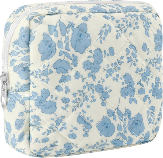 Small Quilted Cotton Makeup Bag for Purse Mini Cosmetic Period Bag for Women Cute Blue Flower Makeup Sanitary Pouch Portable Travel Toiletry Bags with Zipper Slip in Pockets Birthday Gifts