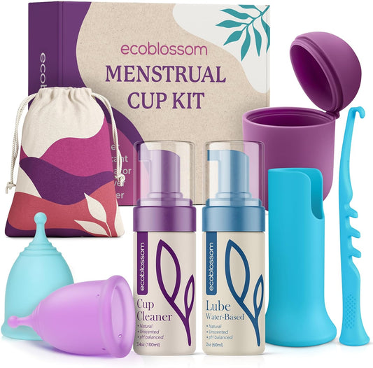 Ecoblossom Complete Menstrual Cup Kit - Small & Large Reusable Period Cups, Silicone Sterilizer Holder, Cleansing Wash, Water-Based Lube, and Easy-Insert Disc Applicator - All Inclusive Set