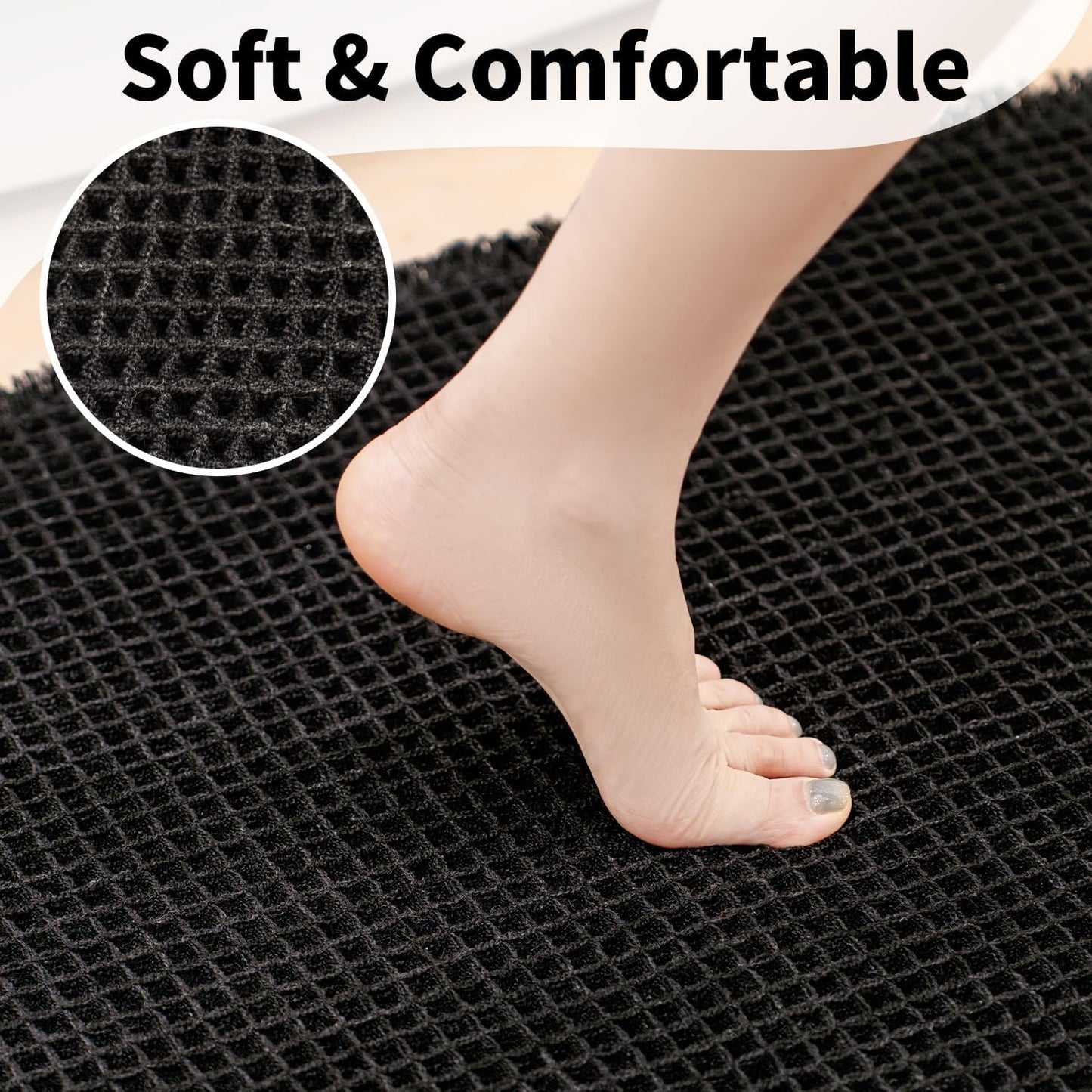 Black Bathroom Rug - Waffle Bath Mat Non Slip Washable, Super Absorbent & Quick Dry, Boho Bath Mat Farmhouse Bathroom Decor, 24'' x 48'', Black