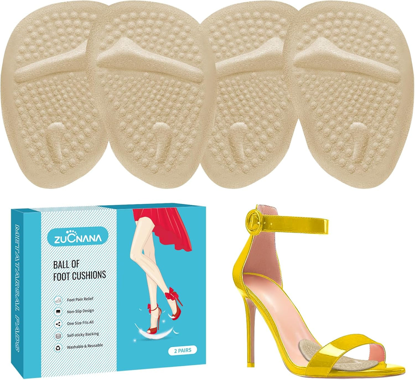 Metatarsal Pads for Women, Ball of Foot Cushions, Non Slip Heel Pads for Shoes, Heel Cushions for Women Foot Pain Relief and Comfort, One Size Fits Any (2 Pairs Beige)