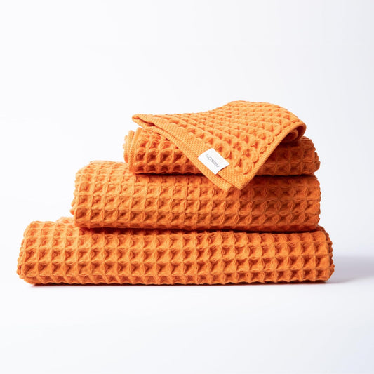 Luxury Japanese Cotton Waffle Bath Towel | Plush, Absorbent, and Quick Dry | Free Storage Bag Included (Coral Orange, Complete Set (4-Piece))