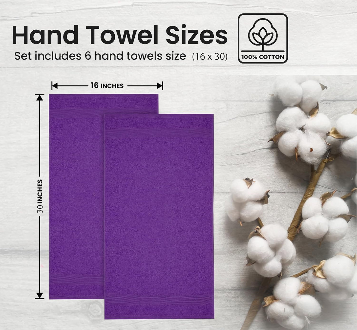 Premium Hand Towels Pack of 6 (16" x 30”) 100% Combed Ring Spun Cotton | Highly Absorbent Hand Towels Set | Ultra Soft for Home, Gym & Spa (Purple)