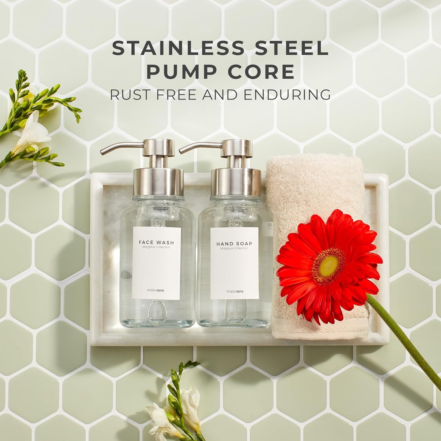 MaisoNovo Glass Foaming Soap Dispenser 14 Oz | Clear Glass Silver Pumps x 2