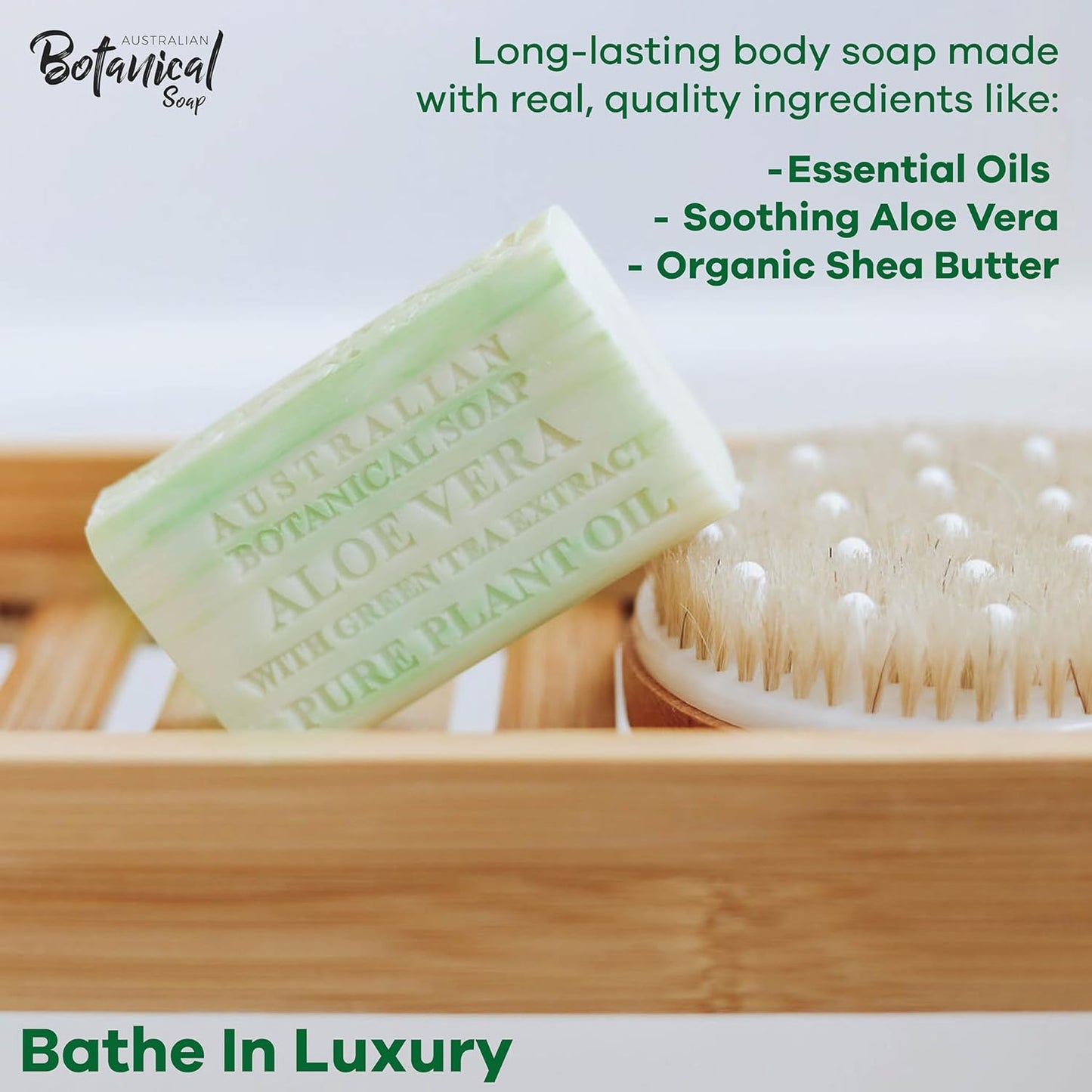 Australian Botanical Soap, 6.6 OZ, Aloe Vera and Green Tea Extract, Triple Milled Bars made with a Natural Soap Base and Enriched with Organic Shea Butter, Pack of 8