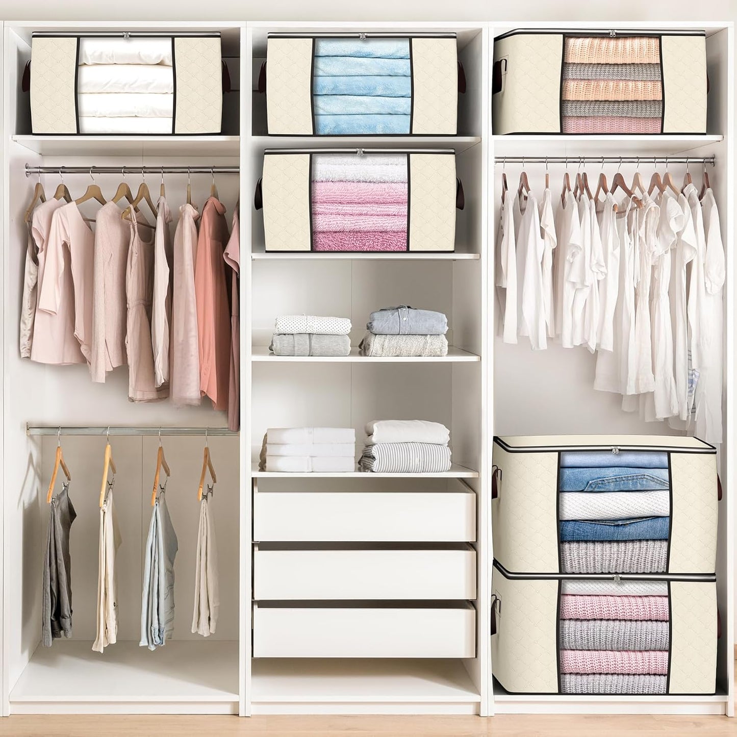 90 L Large Storage Bags, 4 Pack Clothes Storage Bins Foldable Closet Organizers Storage Containers with Reinforced Handle for Clothing, Blanket, Comforters, Bed Sheets, Pillows and Toys (Beige)