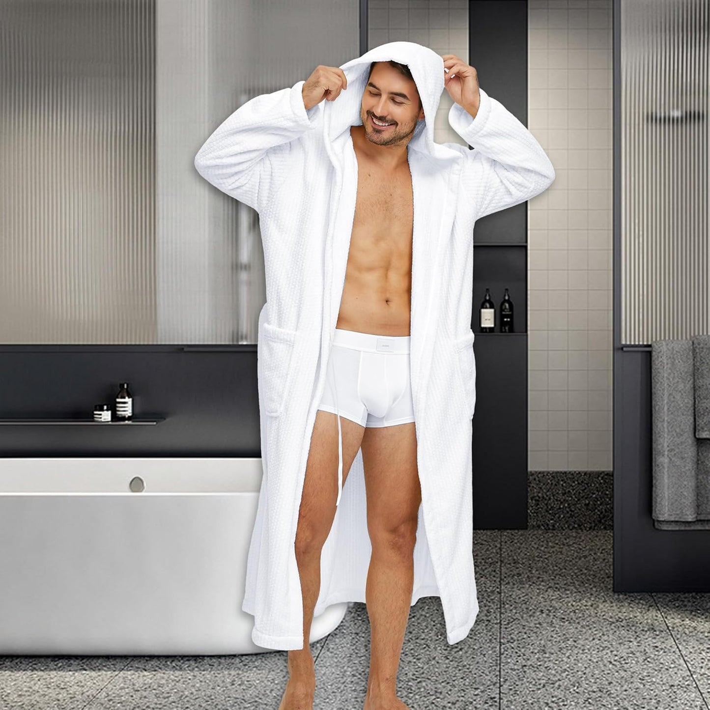 Men's Bathrobes with Hood, Soft Long Towel Robe for Men - Super Absorbent Quick Dry yet Warm