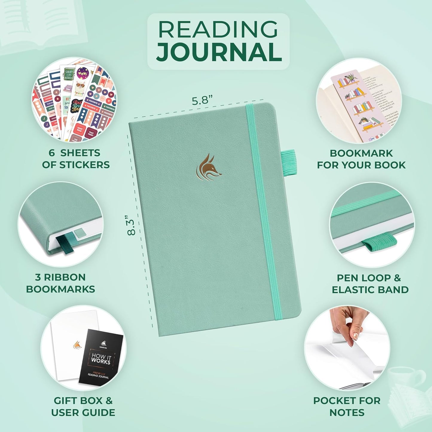 Clever Fox Reading Journal Premium – Review Log Notebook with Reading Tracker – Gifts & Accessories for Book Lovers, Adults & Kids (Mint Cream)