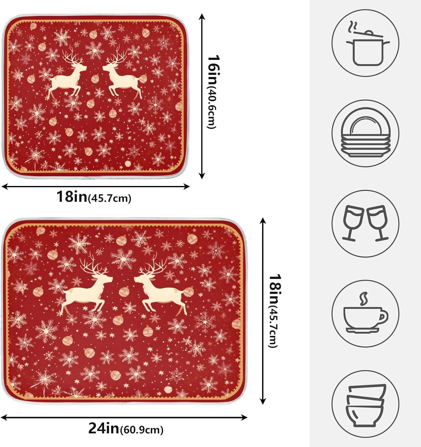 Golden Snowflake Elk Reindeer Red Dish Drying Mat Christmas Dish Drainer Mat for Kitchen Counter 18x24 inch Absorbent Microfiber Dishes Pad Xmas Winter Decoration