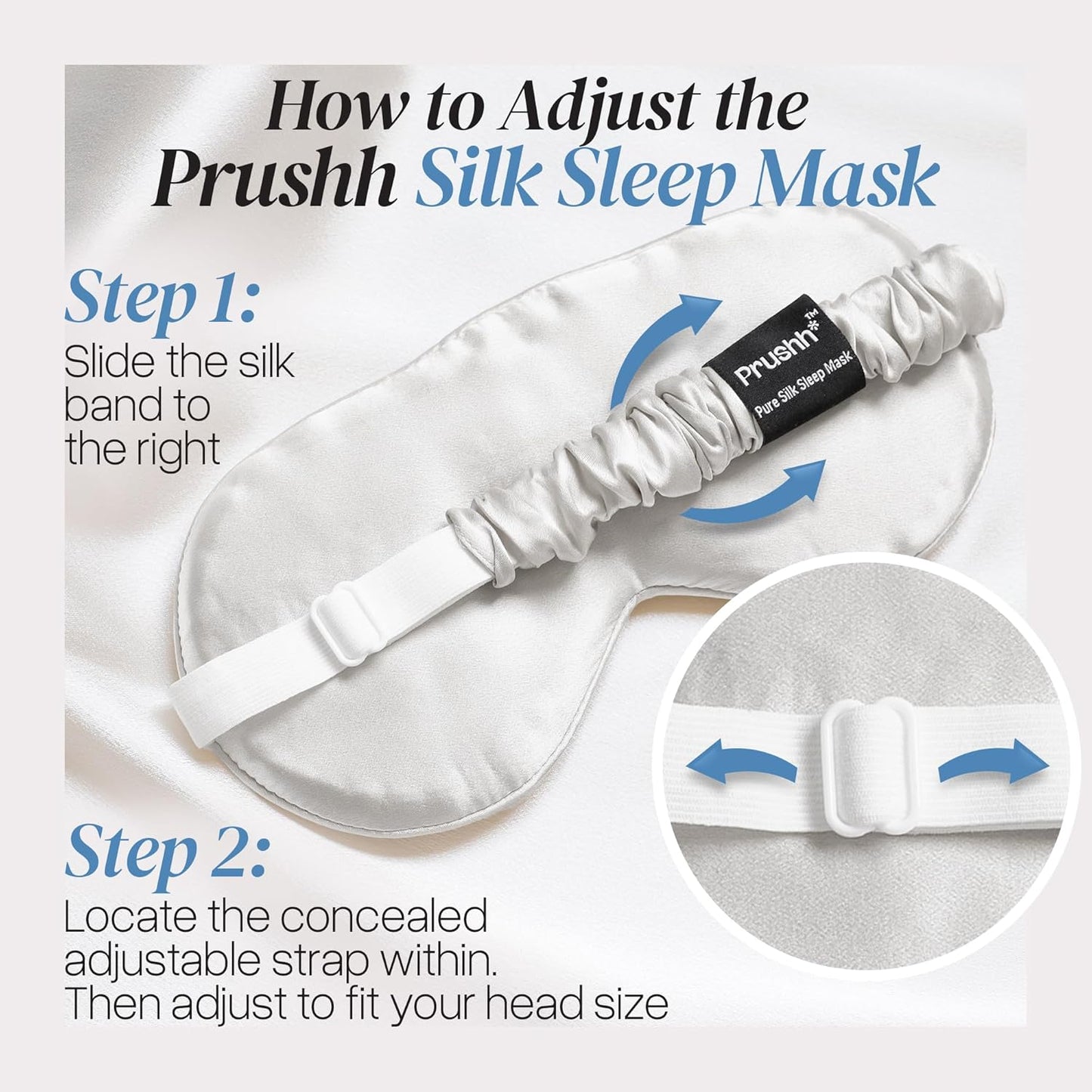 Adjustable Silk Sleep Mask Eye Covers | 100% Pure 6A Mulberry Silk | Blackout & Hypoallergenic | Concealed Strap for Women & Men | for Sleeping & Travel (Ivory White)