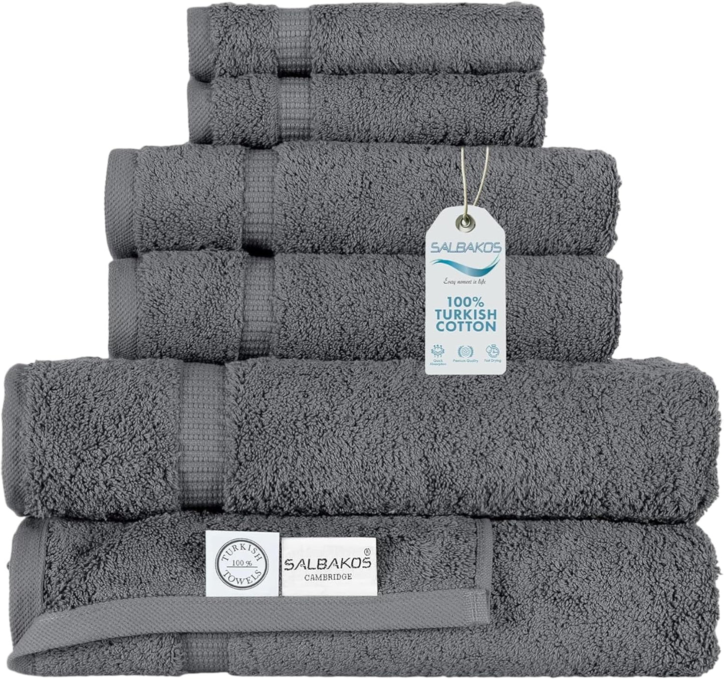 SALBAKOS 100% Turkish Cotton 6-Piece Towel Set | Heirloom Quality Hotel & Spa Collection | Ultra Soft, Super Absorbent 2 Washcloth, 2 Hand, 2 Bath Towel Sets | Made in Turkey (Gray, 6 Piece Towel Set)