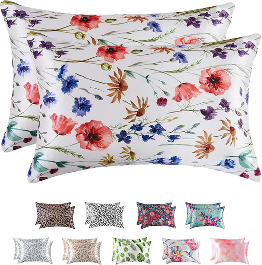 MR&HM Satin Pillowcase for Hair and Skin, Silk Satin Pillowcase 2 Pack, Queen Size Pillow Cases Set of 2, Silky Pillow Cover with Envelope Closure (20x30, Floral Mixted)