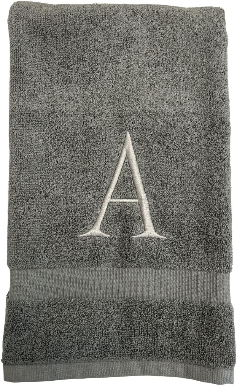 Gray Initial Hand Towel for Bathroom - Monogrammed Luxury Hotel Quality Decorative Embroidered Towel for Powder Room, Spa - GOTS Organic Certified - Set of 2 Silver Letter F