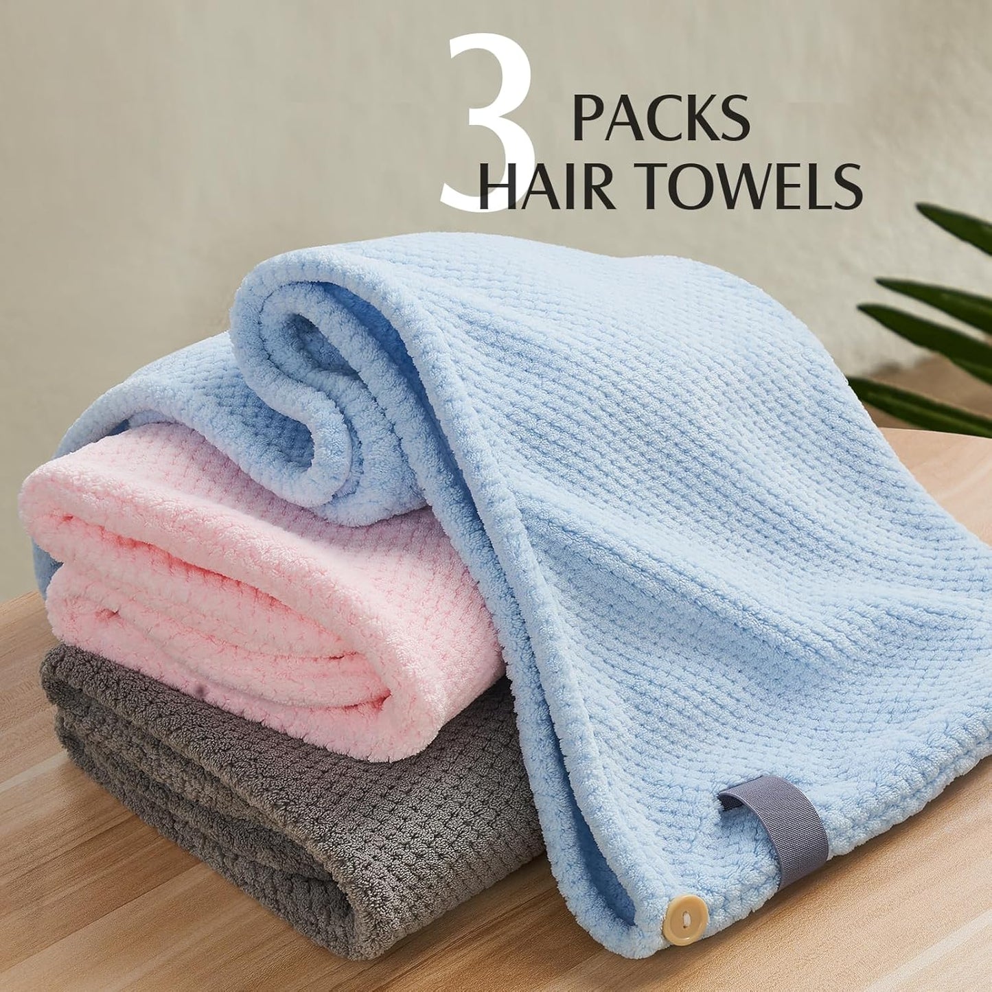 YFONG 3 Pack Large Microfiber Hair Towel Wrap, 30" x 10" Thicker Anti Frizz Quick Dry Hair Towels for Women Long, Curly, Thick Hair, Super Absorbent Hair Turban for Wet Hair (Grey, Pink, Blue)