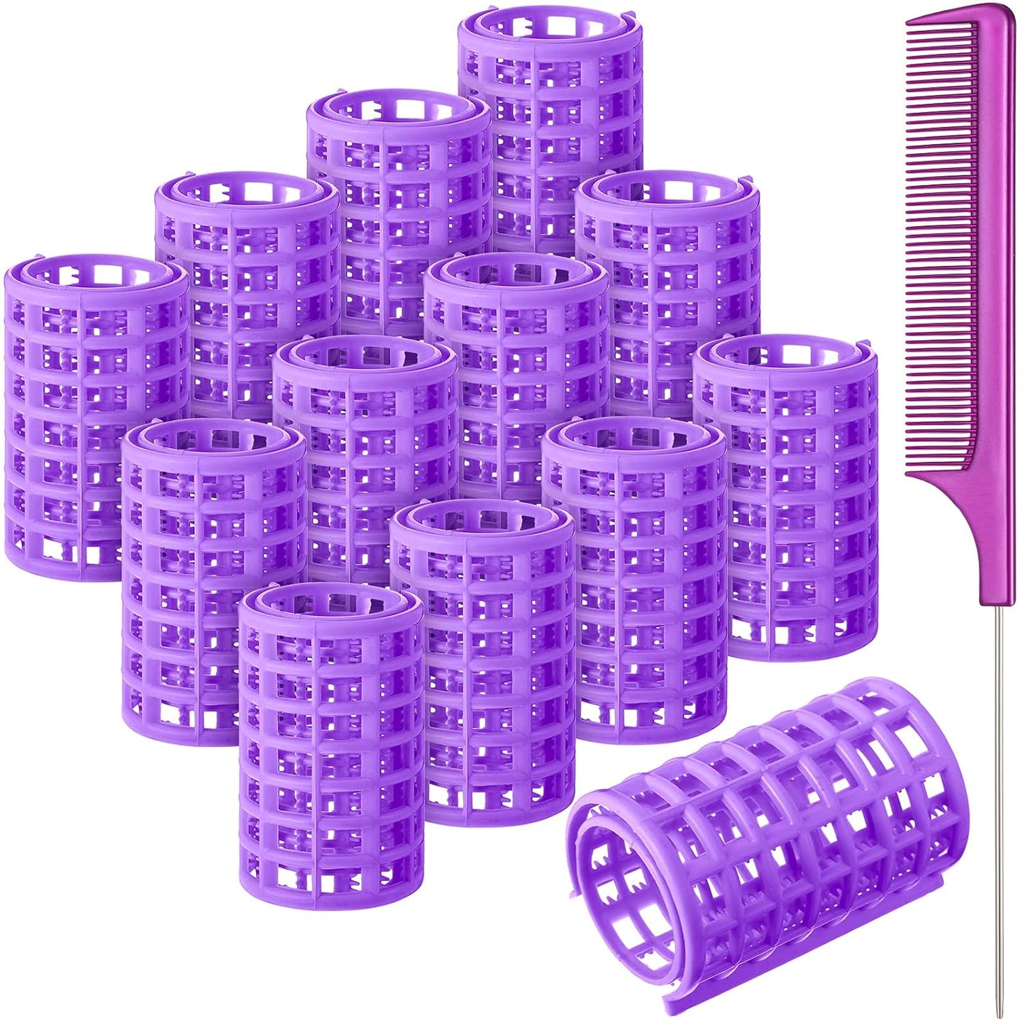 Syhood 12 Pcs Plastic Hair Rollers for Women Large Size Curlers Set Snap Roller Clips with Rat Tail Comb for Long Medium Short Hair Bangs, Salon Hairdressing Styling Tool(2.6 x 1.4 Inch,Purple)