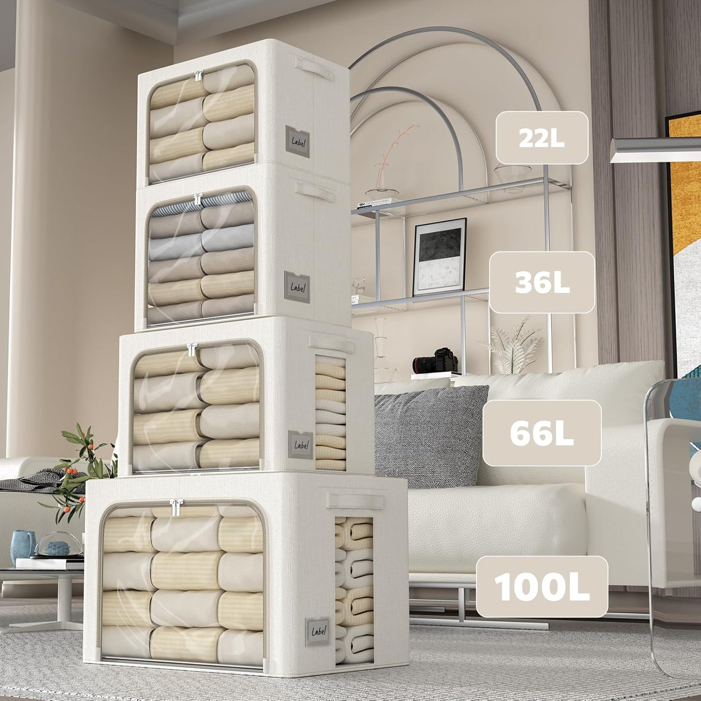 FHSQX 6 Pack Clothes Storage Bins with Metal Frame Foldable Storage Bins for Clothes Linen Fabric Storage Box with Clear Window (Lvory White, 15.7x11.8x7.8inch(22L))