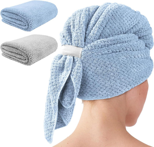2 Pack Extra Large Microfiber Hair Towel Wrap for Women, 37.4" x 26.4" Super Absorbent & Quick Dry with Elastic Strap for Curly Hair (Blue)