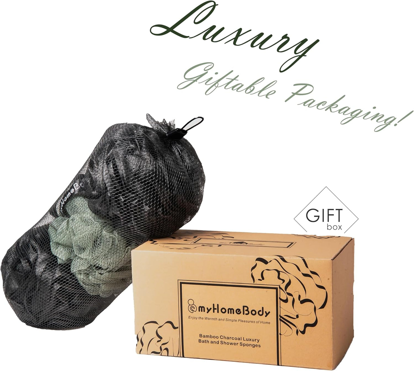 myHomeBody Large 70g Loofah Sponge, Bath Body Scrubber for Women, Men, Exfoliating Shower Pouf with Activated Charcoal - 2 Graphite Gray + 1 Sage Green, 3 Pack