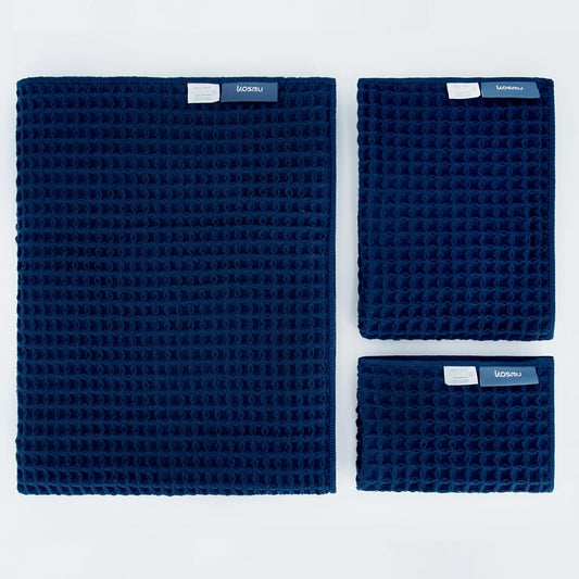 Luxury Japanese Cotton Waffle Bath Towel | Plush, Absorbent, and Quick Dry | Free Storage Bag Included (Ocean Blue, Bath Towel Set (3-Piece))