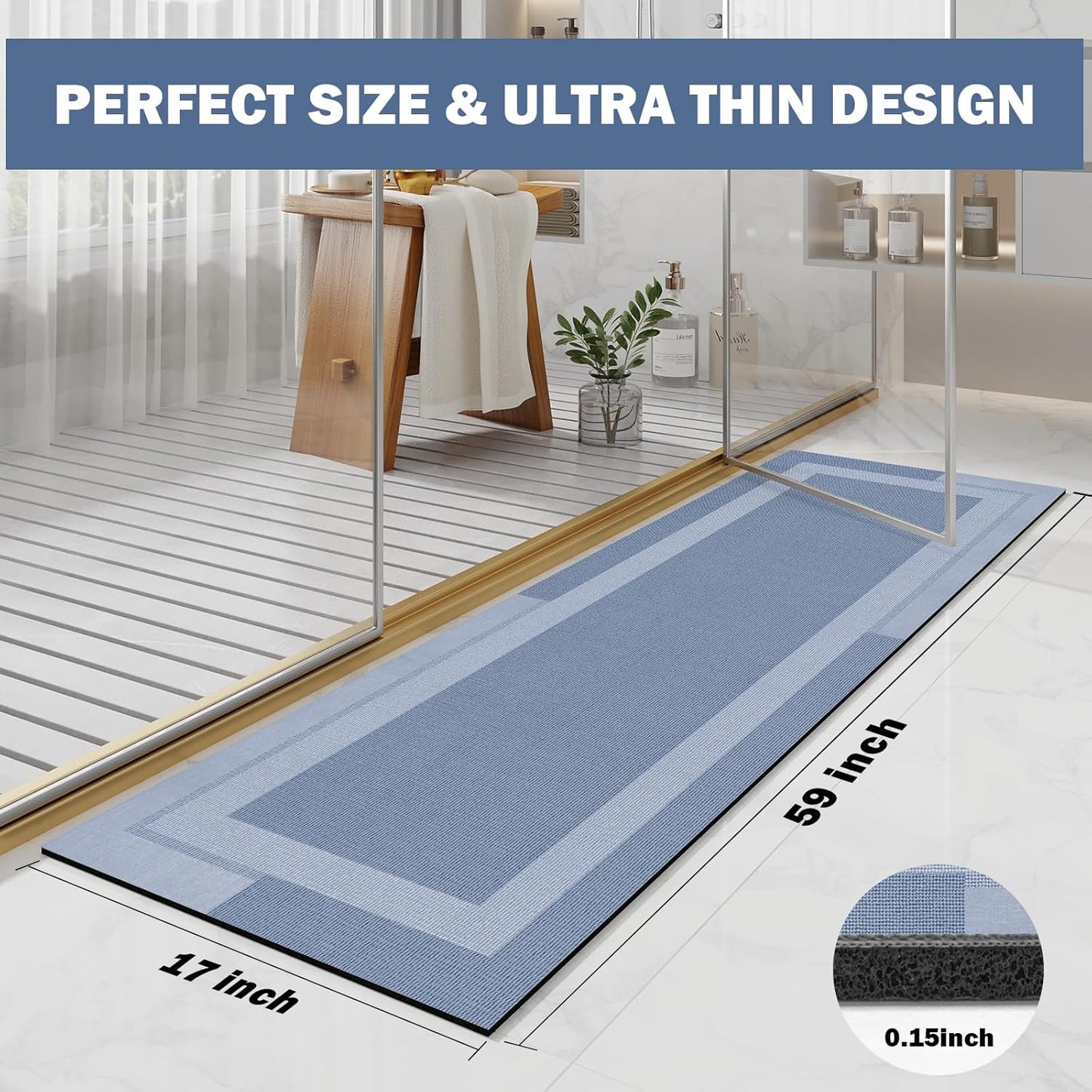 Non Slip Long Bathroom Runner Rug Bath Mat, Rubber Backing Ultra Thin Bathroom Rugs Fit Under Door Quick Dry Super Absorbent Washable Shower Mat for Bathtub Sink Floor, Blue 17"x59"