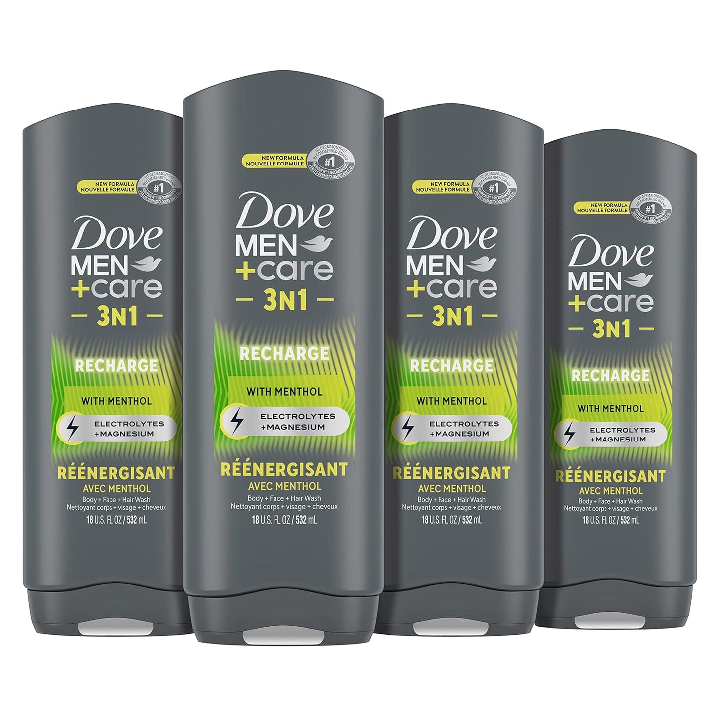 DOVE MEN + CARE Post-Workout Body Wash 3N1 Recharge 4 Count For Men With Menthol, 18 oz
