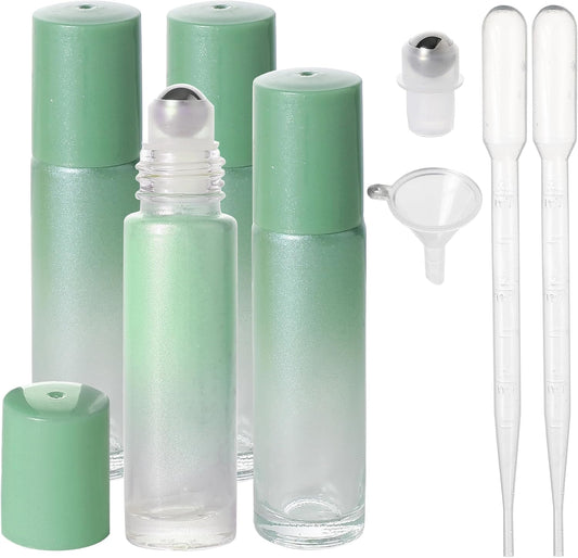 Essential Oil Roller Bottles, 10ml Thick Glass Perfume Roller Bottles with Funnel Opener and Dropper Colored Glass Empty Bottles with Stainless Steel Roller Balls (Green, 4 Pack)