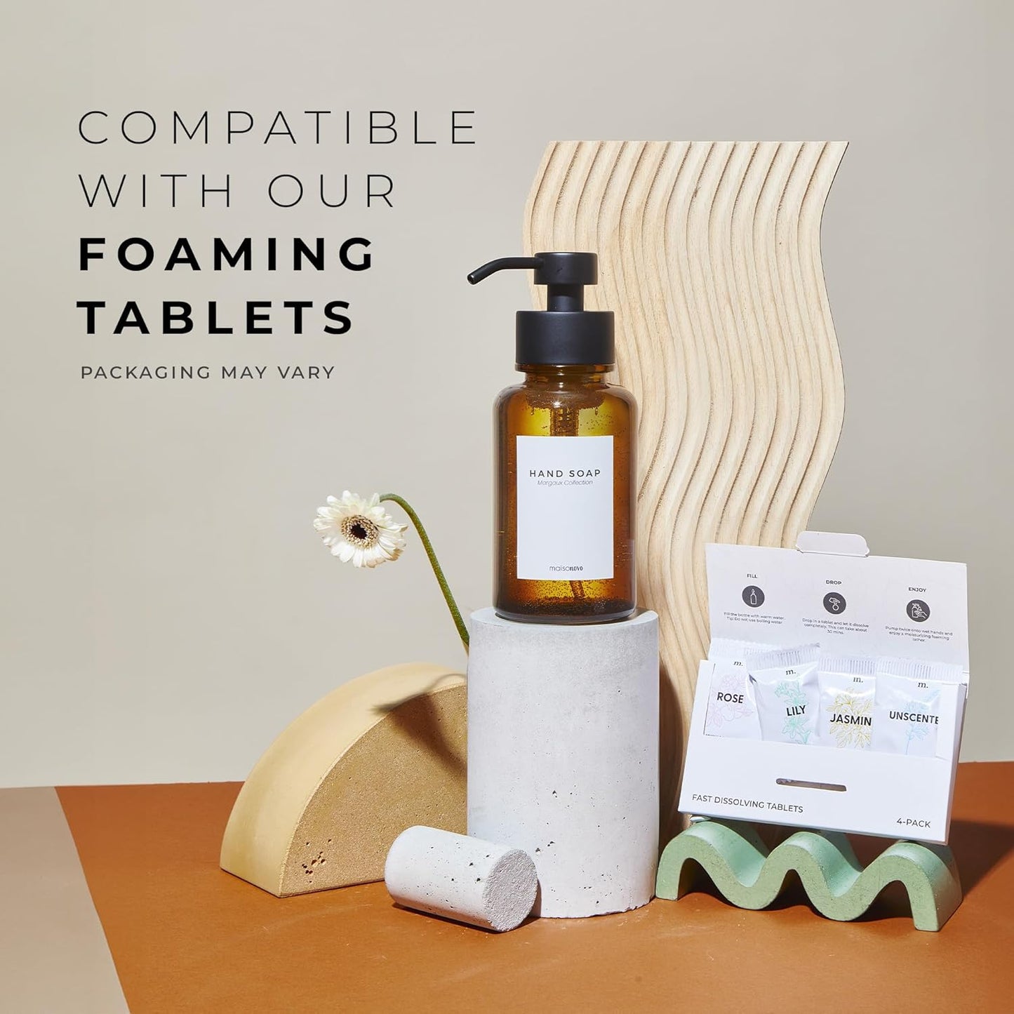 MaisoNovo Glass Foaming Hand Soap Dispenser 14 Oz | Amber Foaming Soap Dispenser Black Pump x 1 w/Labels