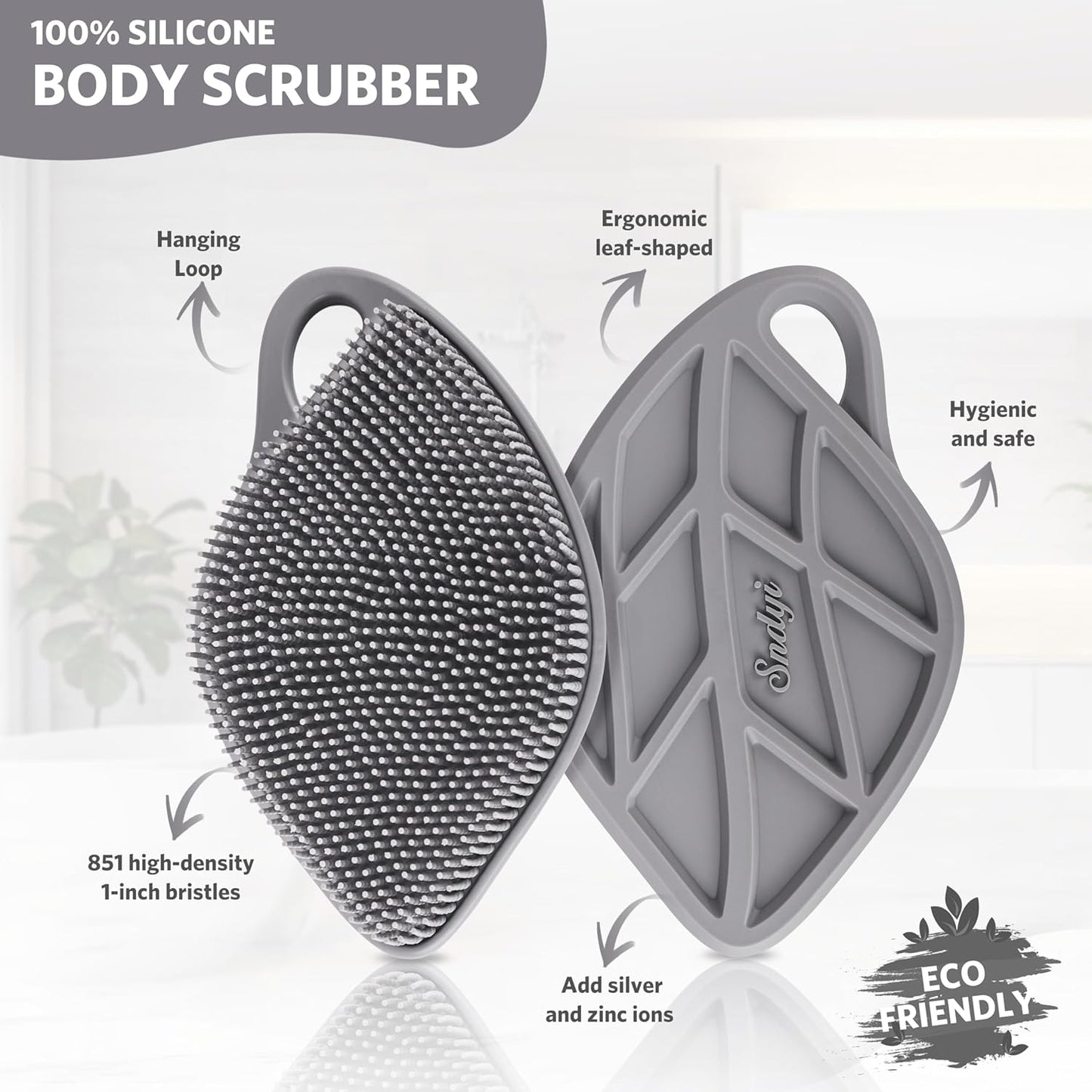 Sndyi Silicone Body Scrubber, Gentle Exfoliating Body Scrubber for Sensitive Skin, Leaf Shaped Shower Scrubber for Body with Lathering Bristles, Silicone Loofah Body Brush for Showering, Gray