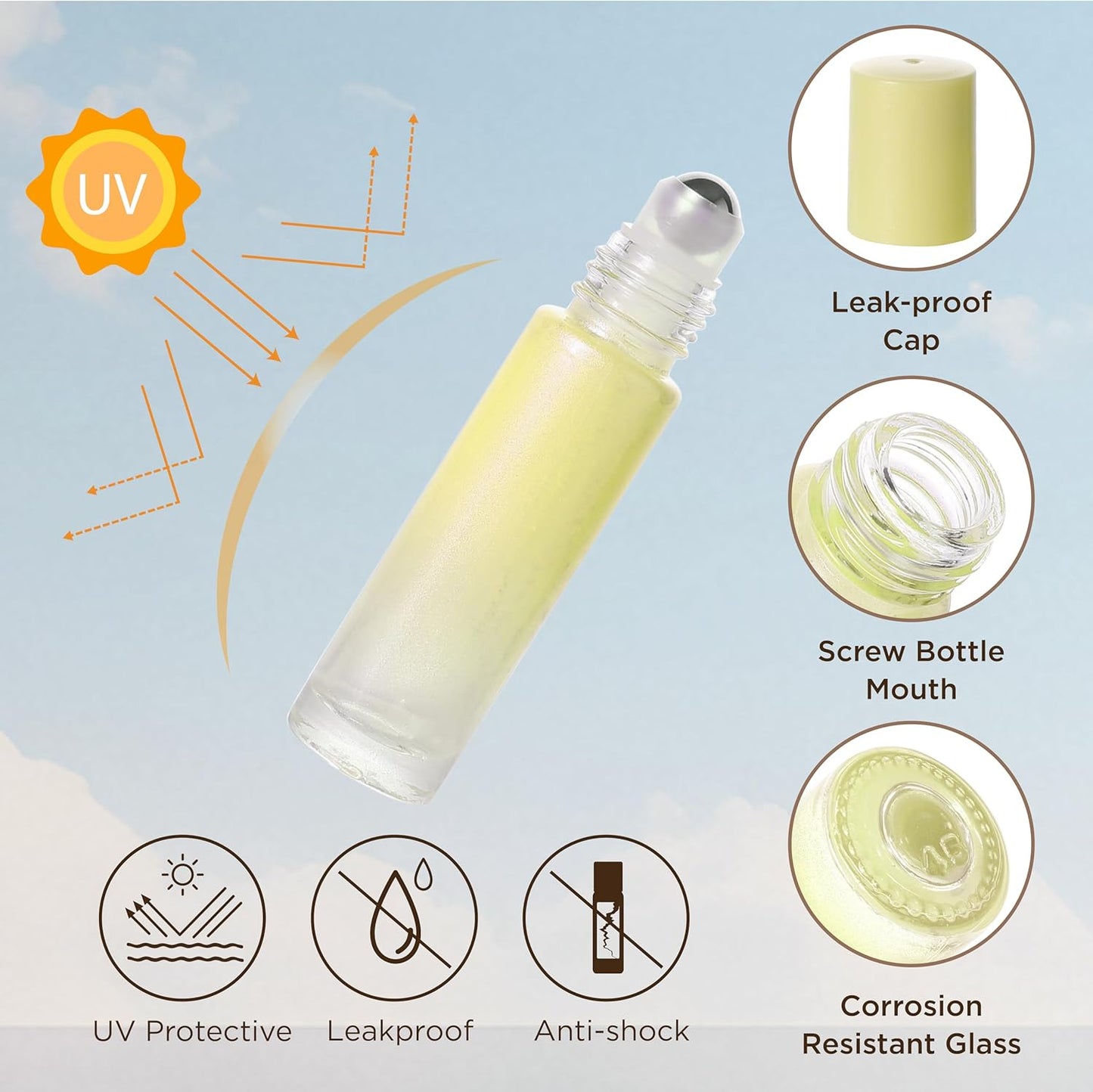 Essential Oil Roller Bottles, 10ml Thick Glass Perfume Roller Bottles with Funnel Opener and Dropper Colored Glass Empty Bottles with Stainless Steel Roller Balls (Yellow, 4 Pack)