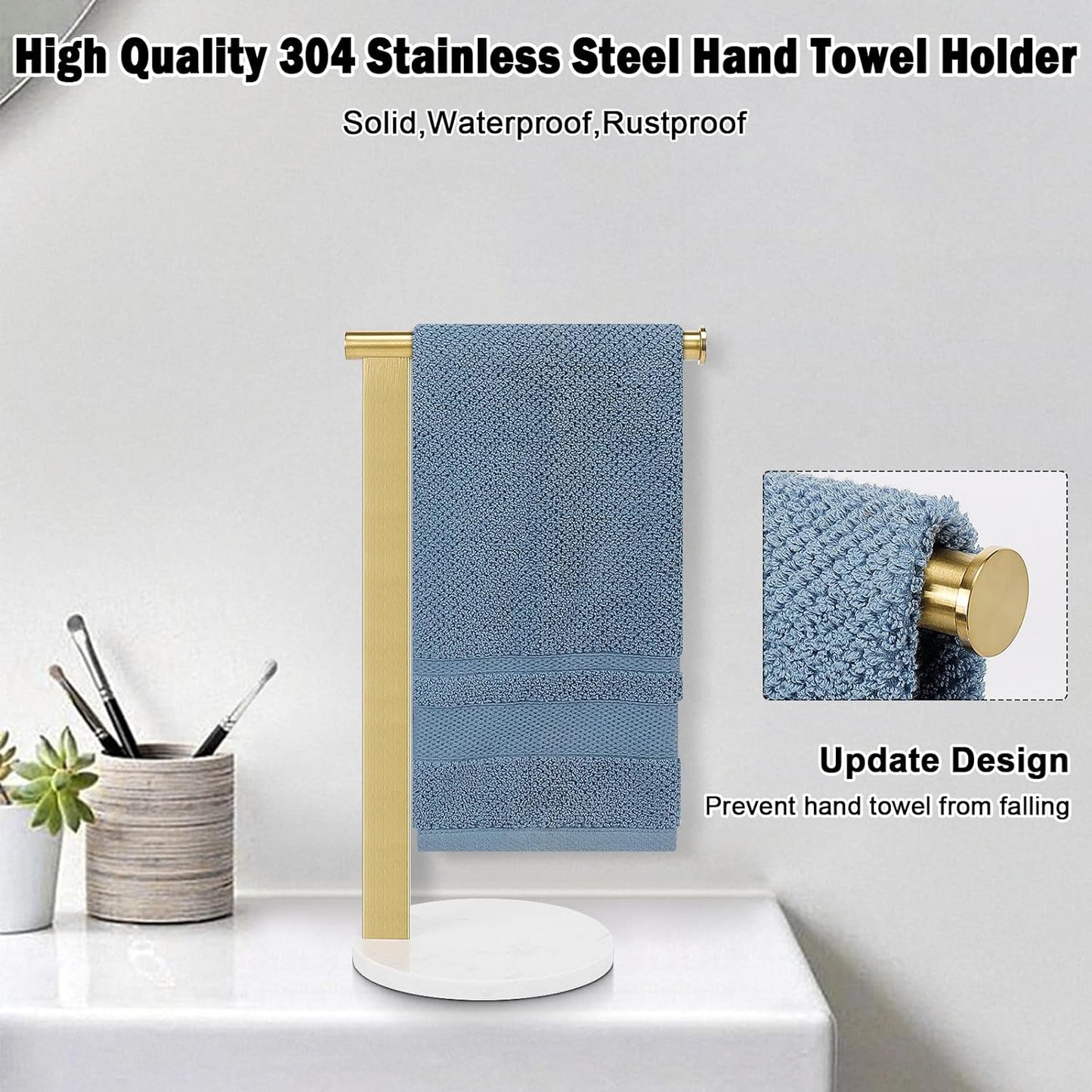 Stainless Steel L-Shaped Hand Towel Holder, SUS304 Bathroom Towel Rack with Thickened Base for Countertop Vanity (Gold)