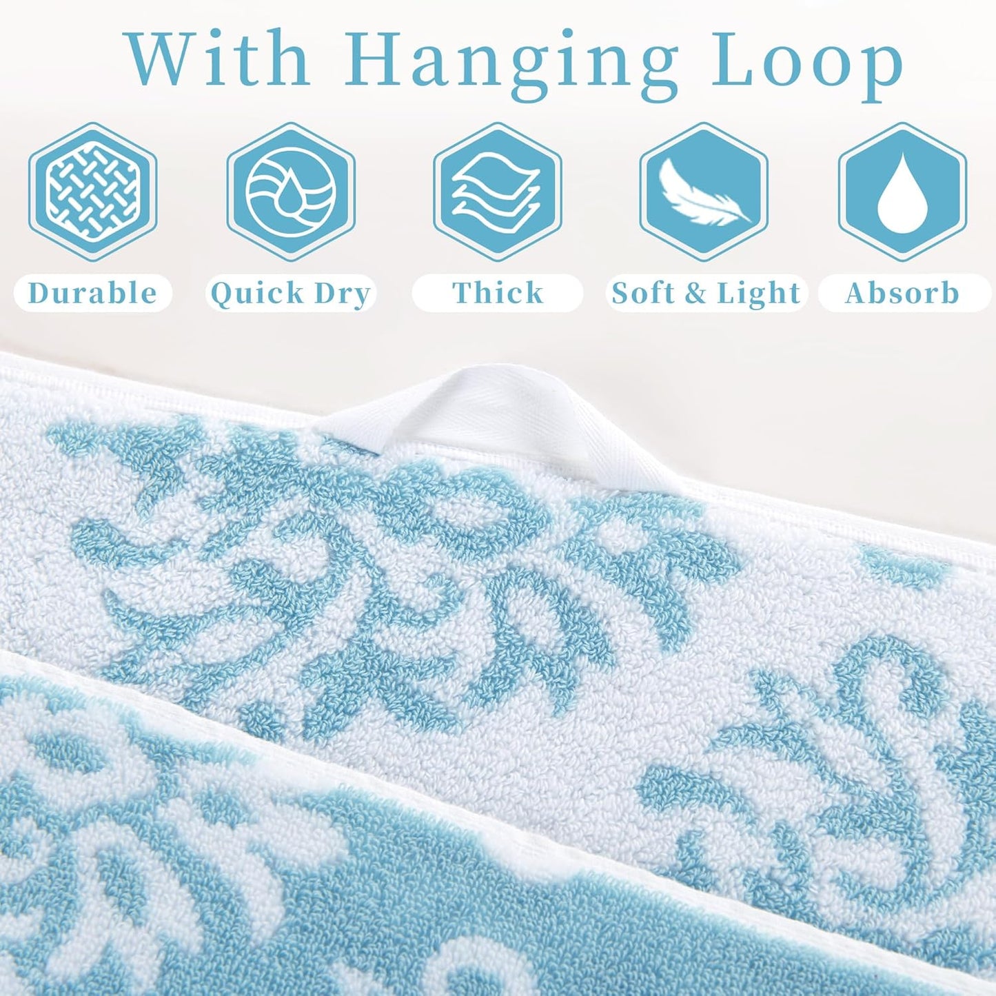 Towels for Bathroom - 100% Cotton | Quick Dry | Thick | Soft | Absorbent | Lightweight, 6PCS Patterned Towels Set, 2 Bath 28"x52", 4 Hand 16"x27", Decorative Towels Set, Aqua and White Damask Jacquard