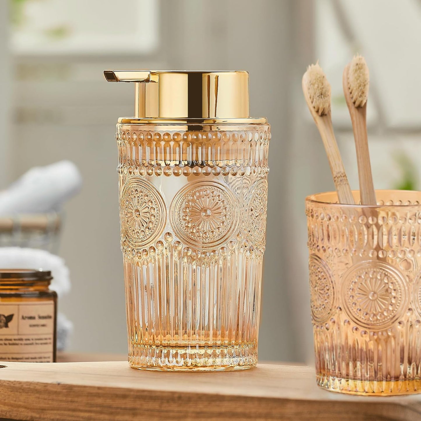 Foaming Hand Soap Dispenser, Glass Foam Soap Holder, Refillable Lotion Dispenser (L-Gold-Foaming)