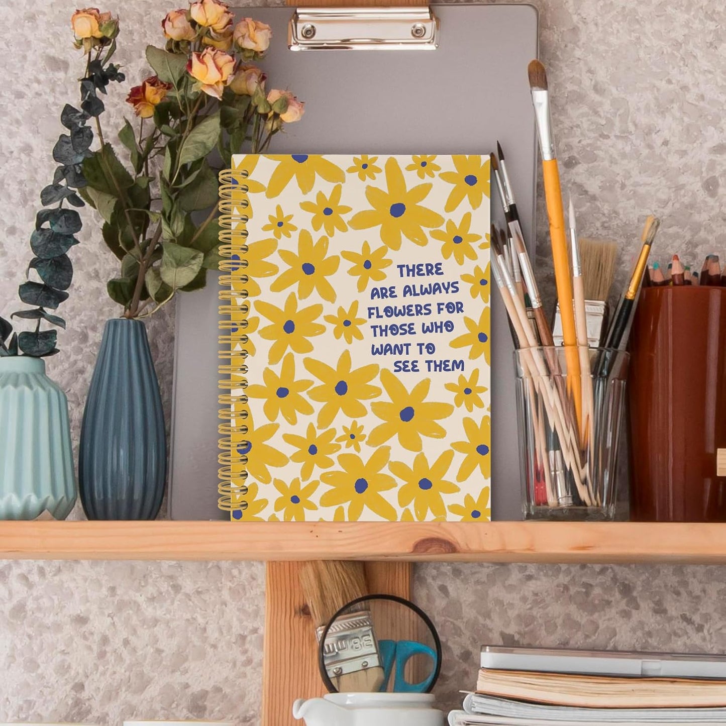 Inspirational Yellow Floral Spiral Notebook, Motivational Floral Journaling Notebooks for Note Taking, Flower Hardcover Journals for Women 160 Pages 5.5x8.3 Inch, Mental Health Gifts for Women