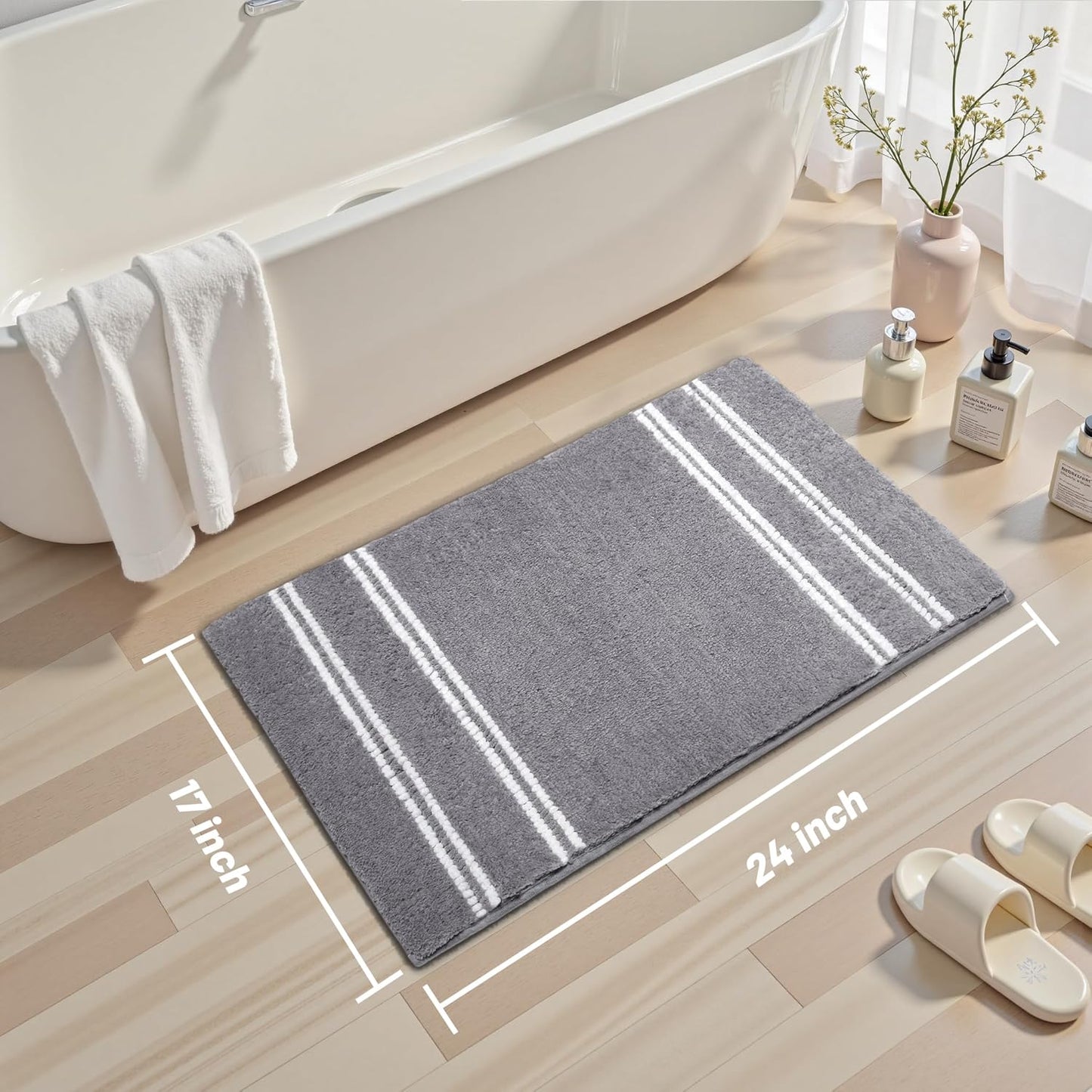 Bathroom Rugs 17x24 Extra Soft Absorbent Bath Mat Chenille Non Slip Shower Mat Rubber Backing Machine Washable Bath Mats for Bathroom Shaggy Grey Bath Rugs for Tub, Hallway