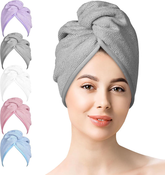 Microfiber Hair Towel Hair Wrap: 2 Pack 10X26 Hair Dryer Towels for Women Absorbent Turban Twist Hair Drying Shower Cap Curly Hair Products for Hair Care Hair Accessories (01 5-Pcs Multicolor)