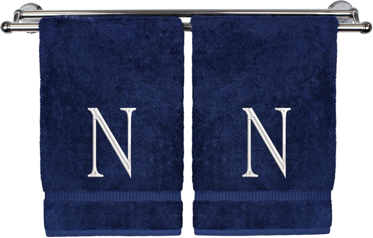 Monogrammed Hand Towel, Personalized Initial Gift, Extra Absorbent 100% Turkish Cotton - Soft Terry Finish - Set of 2 - White Block Initial N - Embroidered on Navy Blue Towels