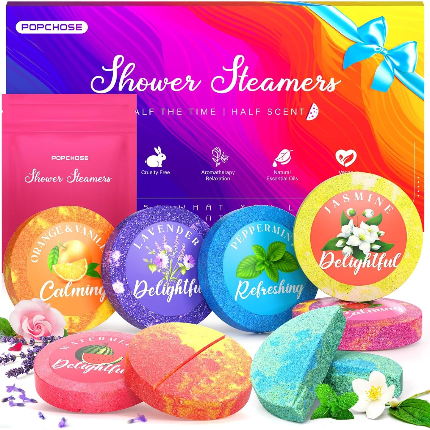POPCHOSE Shower Steamers Aromatherapy – 8 Natural Scented Shower Bombs with Gift Box, Self Care Spa Gifts for Women, Men, Mom, Dad, and Teens – Relaxing Stocking Stuffers for Christmas, Birthday