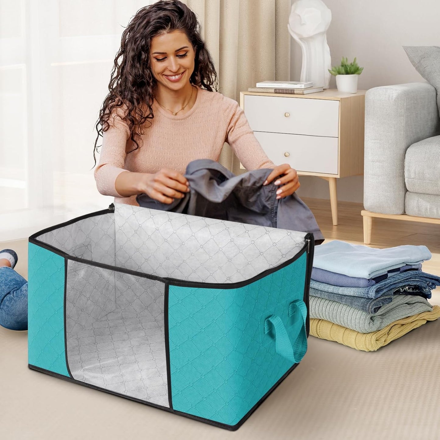Fab totes 10 Pack Clothes Storage, Foldable Thick Fabric Blanket Storage Bags, Containers for Organizing Bedroom, Closet, Clothing, Comforter,Closet Organization with Handle,Green