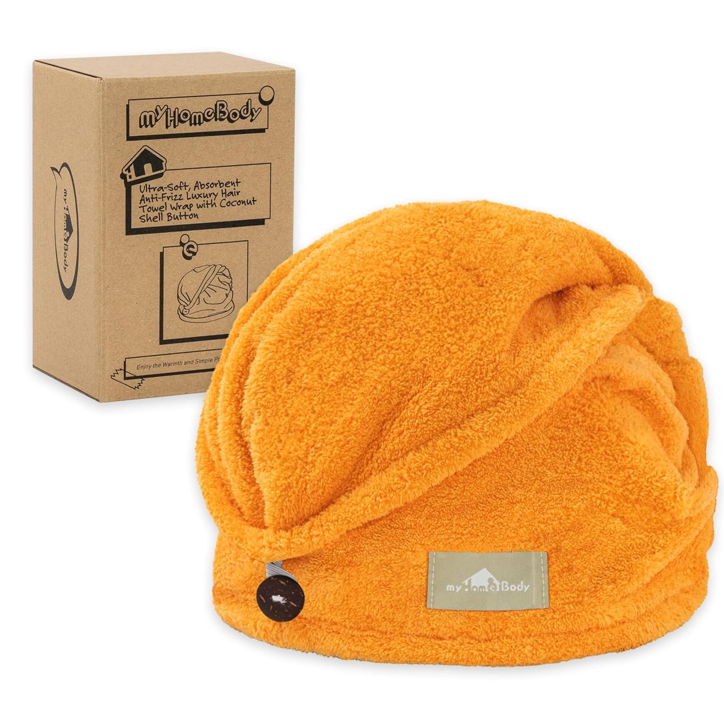myHomeBody Hair Towel Wrap, Luxury Quick Drying Turban, Ultra Soft Absorbent Charcoal Fiber Cap, with Coconut Shell Button– Mango