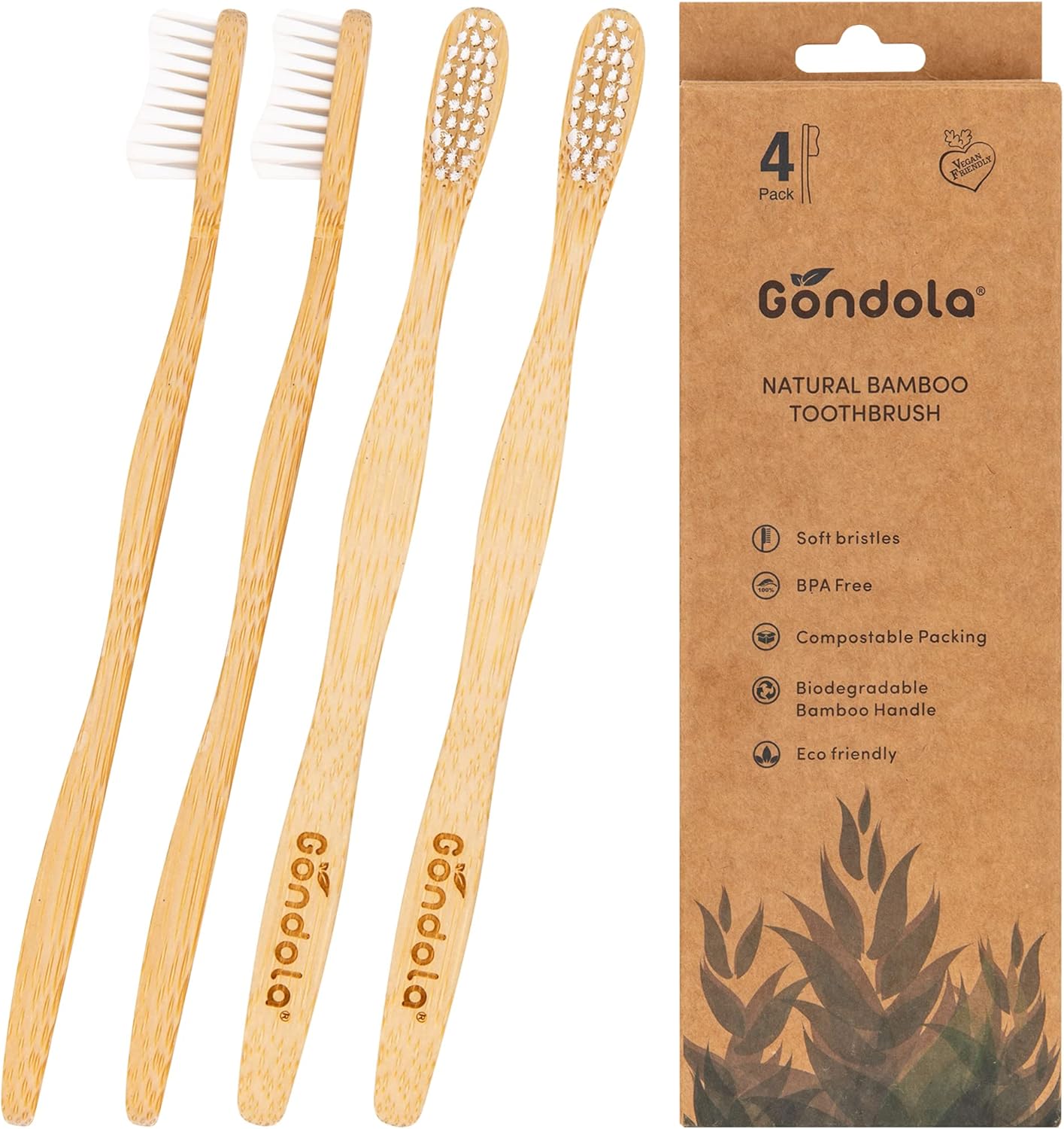 Gondola Organic Bamboo Toothbrushes (Adults - 4 Count (Pack of 1))