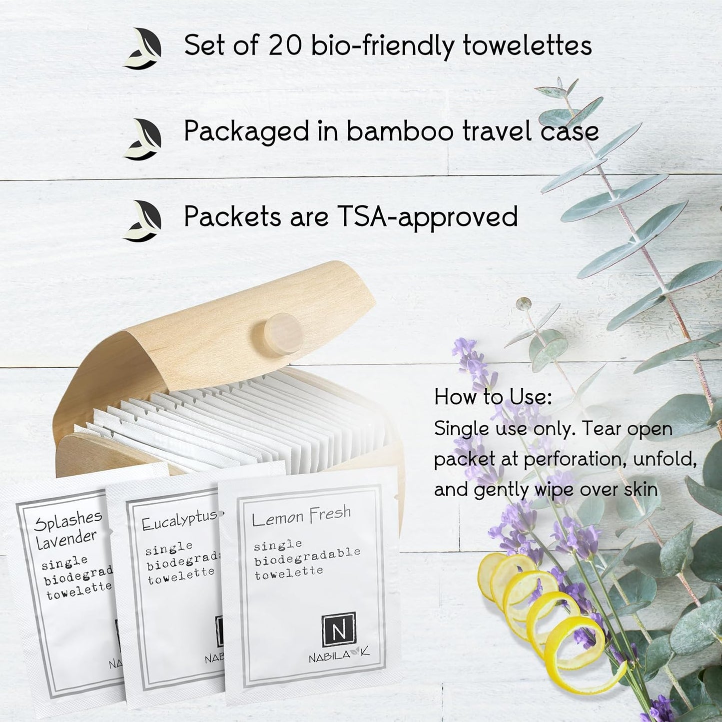 Moist Towelettes Scented Variety Pack Single Use by Nabila K - Alcohol-Free, Plant-Based with Natural Ingredients - Individually Wrapped Disposable Travel Size Wipes with Bamboo Case - 20 Count