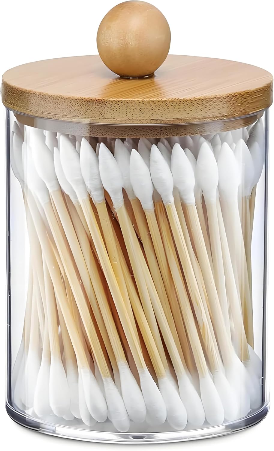 AXX Qtip Dispenser Apothecary Jars Bathroom - Qtip Holder Storage Canister Clear Plastic Jar for Cotton Swab,Q-Tips,Cotton Rounds (Bamboo 1Pcs)